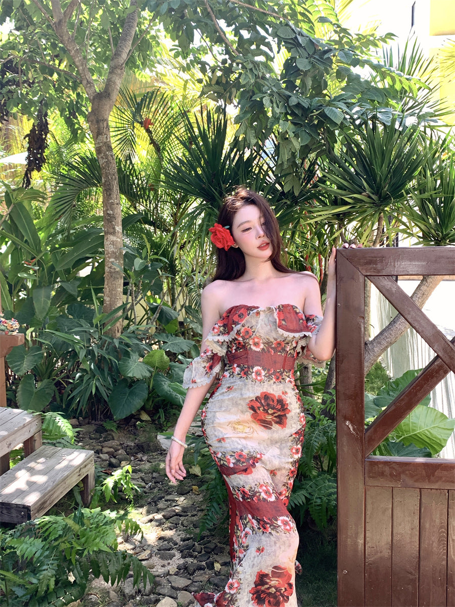 Unique Mermaid Off-Shoulder Ruffles Maxi Dresses Graceful Floral Print Trimmed Lace Long Dress AP3437