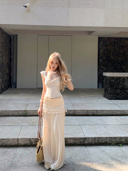 Novelty Off-Shoulder A-Line Maxi Dresses Charming 2-Piece Set Ruffles Everyday Wear OOTD Long Dress AP3438