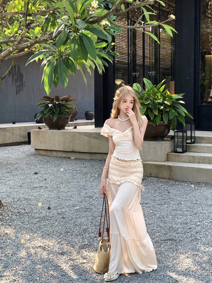 Novelty Off-Shoulder A-Line Maxi Dresses Charming 2-Piece Set Ruffles Everyday Wear OOTD Long Dress AP3438