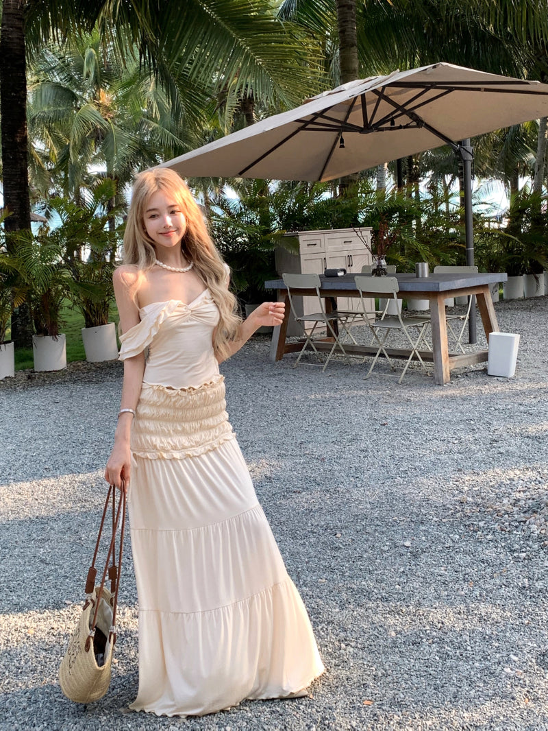 Novelty Off-Shoulder A-Line Maxi Dresses Charming 2-Piece Set Ruffles Everyday Wear OOTD Long Dress AP3438