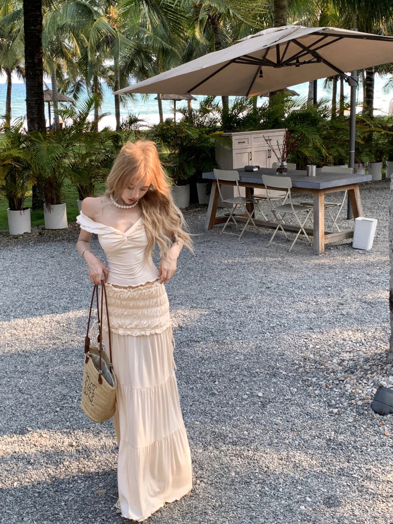 Novelty Off-Shoulder A-Line Maxi Dresses Charming 2-Piece Set Ruffles Everyday Wear OOTD Long Dress AP3438