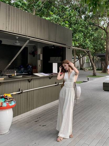 Dramatic Sheath V-Neck White Maxi Dresses Unique High-Slit Cinched-Waist Cutout Long Dress AP3439