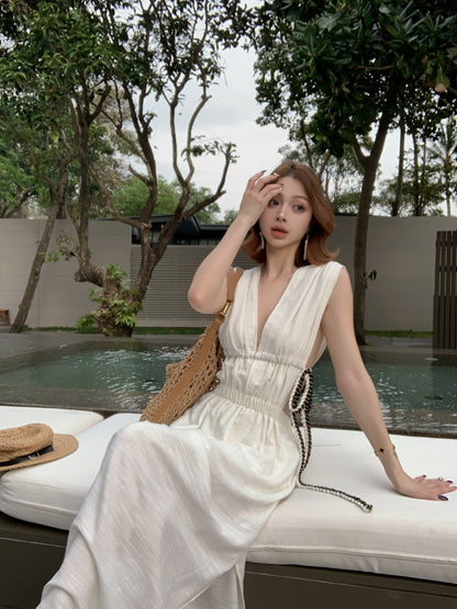 Dramatic Sheath V-Neck White Maxi Dresses Unique High-Slit Cinched-Waist Cutout Long Dress AP3439