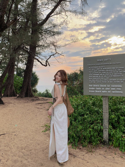 Dramatic Sheath V-Neck White Maxi Dresses Unique High-Slit Cinched-Waist Cutout Long Dress AP3439