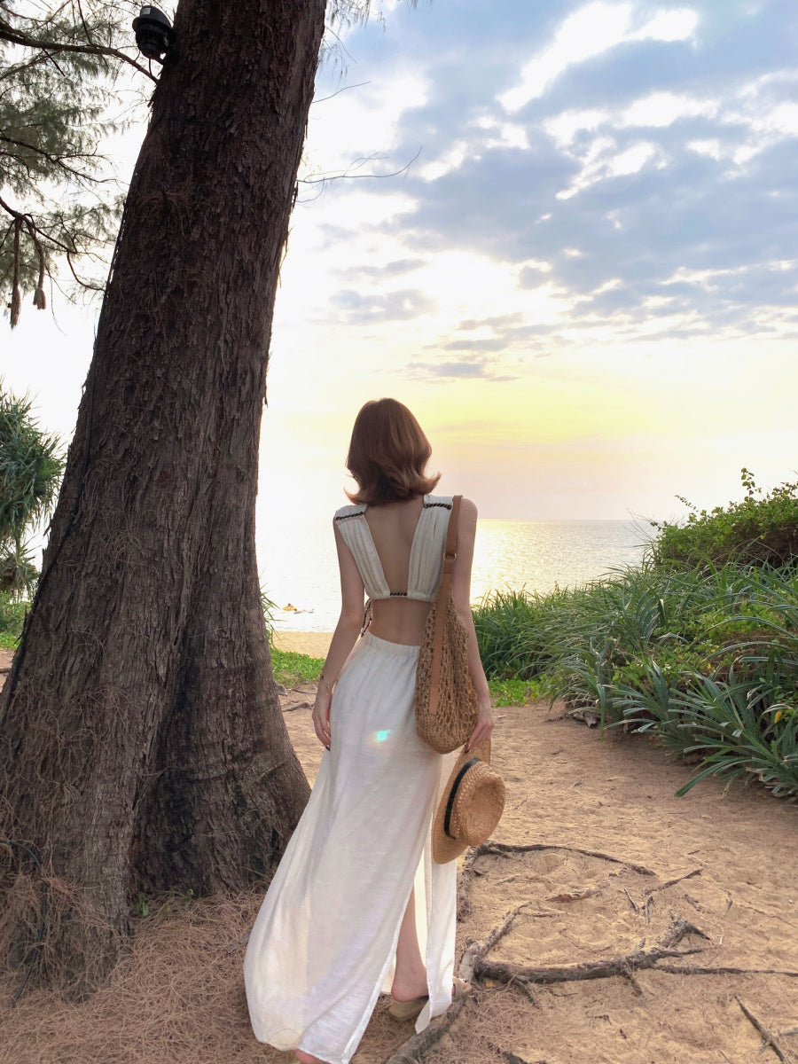 Dramatic Sheath V-Neck White Maxi Dresses Unique High-Slit Cinched-Waist Cutout Long Dress AP3439