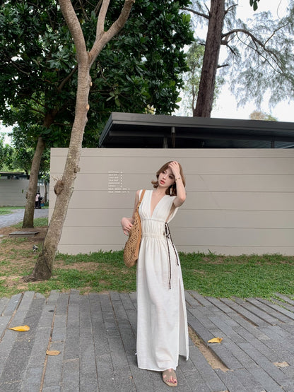 Dramatic Sheath V-Neck White Maxi Dresses Unique High-Slit Cinched-Waist Cutout Long Dress AP3439