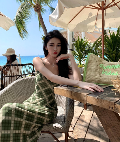 Glamorous Sheath Spaghetti Strap Maxi Dress Vibrant Green Plaid Long Dress AP3440