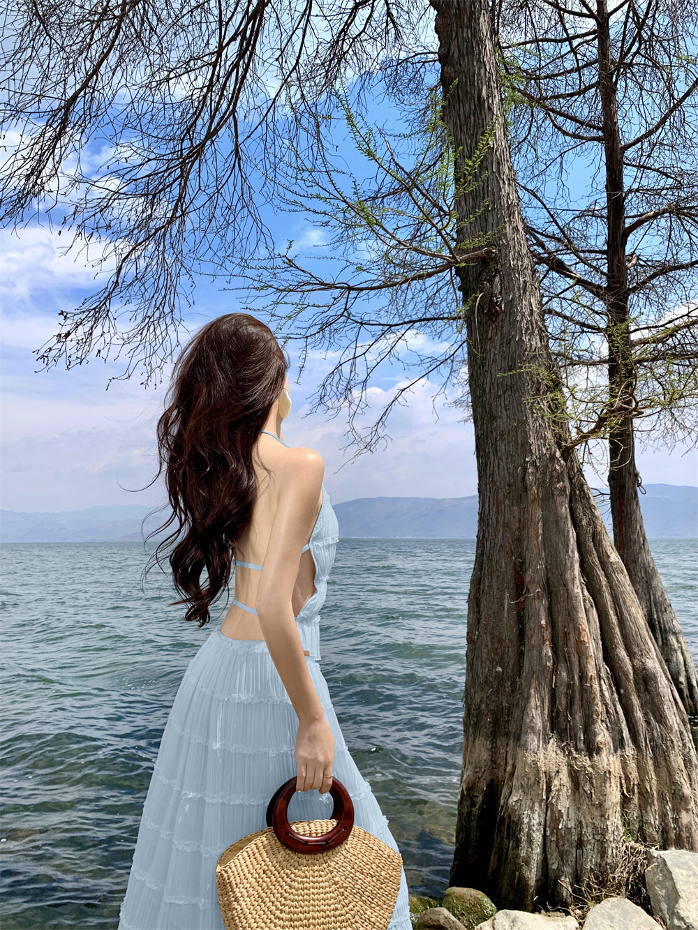 Glam A-Line Blue 2-Piece Set Maxi Dress Chic Ruffles Pleated Backless Vacation OOTD Long Dress AP3441