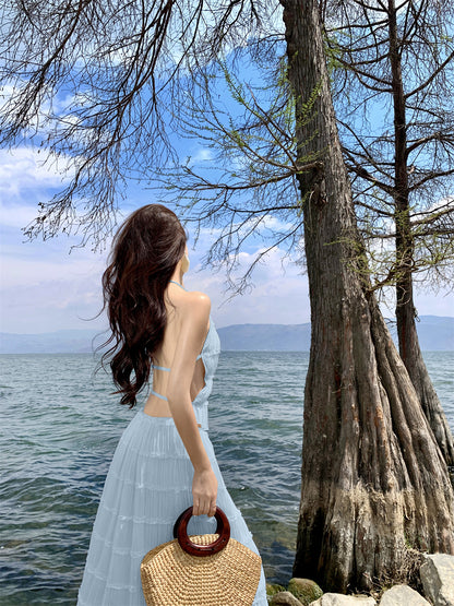 Glam A-Line Blue 2-Piece Set Maxi Dress Chic Ruffles Pleated Backless Vacation OOTD Long Dress AP3441