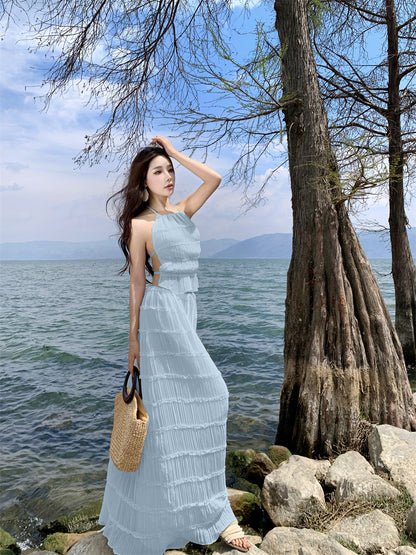 Glam A-Line Blue 2-Piece Set Maxi Dress Chic Ruffles Pleated Backless Vacation OOTD Long Dress AP3441