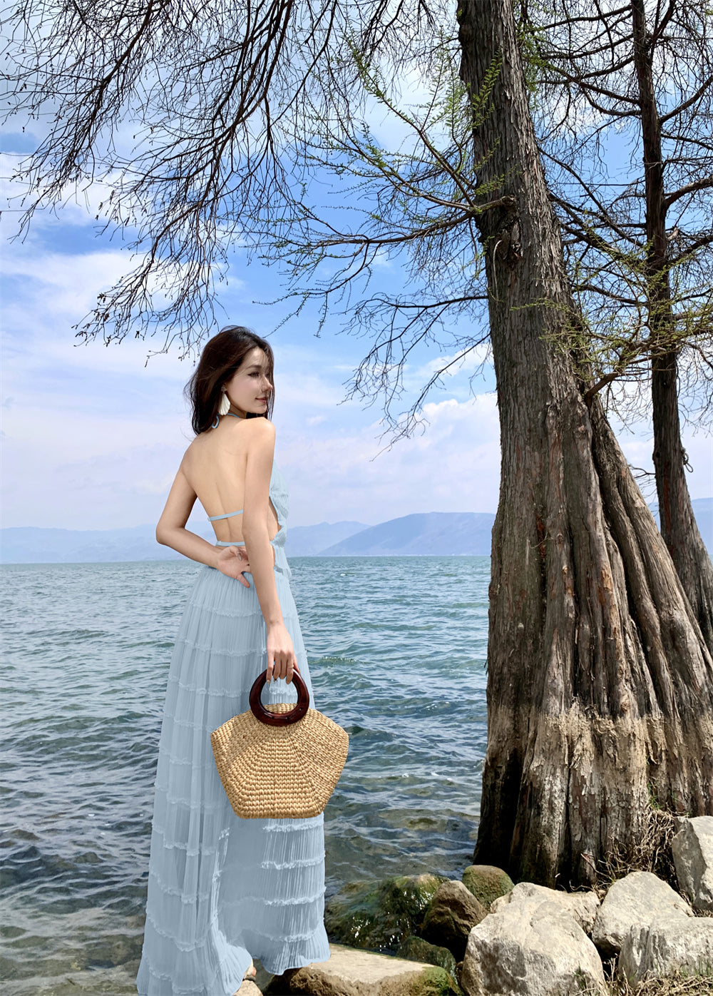 Glam A-Line Blue 2-Piece Set Maxi Dress Chic Ruffles Pleated Backless Vacation OOTD Long Dress AP3441