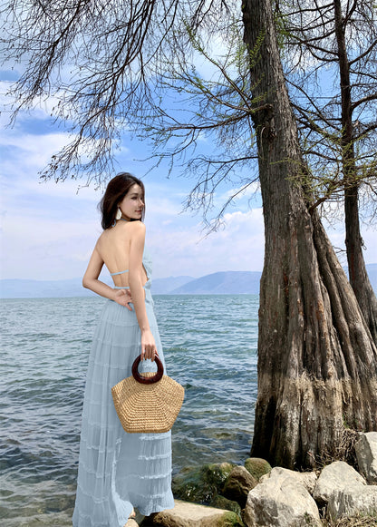 Glam A-Line Blue 2-Piece Set Maxi Dress Chic Ruffles Pleated Backless Vacation OOTD Long Dress AP3441