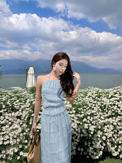 Glam A-Line Blue 2-Piece Set Maxi Dress Chic Ruffles Pleated Backless Vacation OOTD Long Dress AP3441