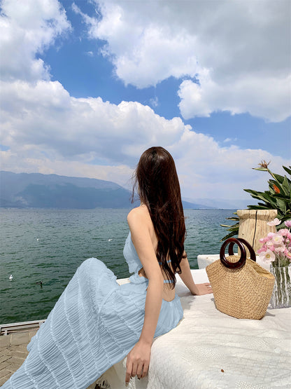 Glam A-Line Blue 2-Piece Set Maxi Dress Chic Ruffles Pleated Backless Vacation OOTD Long Dress AP3441