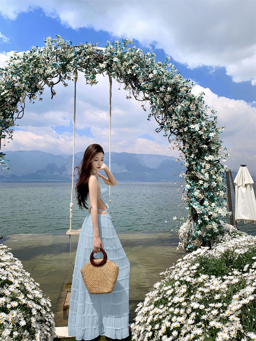 Glam A-Line Blue 2-Piece Set Maxi Dress Chic Ruffles Pleated Backless Vacation OOTD Long Dress AP3441