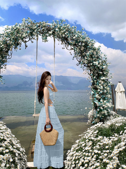 Glam A-Line Blue 2-Piece Set Maxi Dress Chic Ruffles Pleated Backless Vacation OOTD Long Dress AP3441