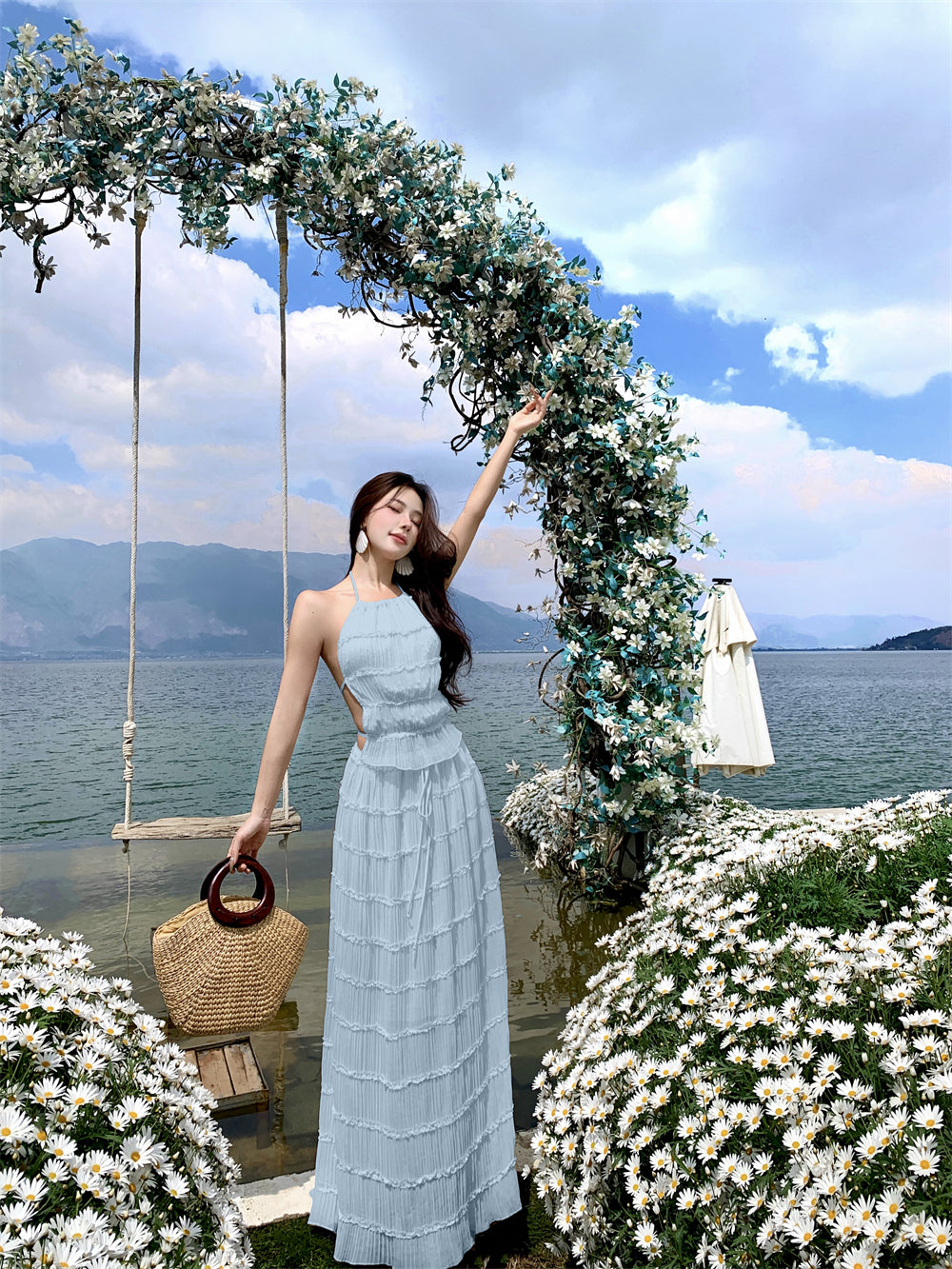 Glam A-Line Blue 2-Piece Set Maxi Dress Chic Ruffles Pleated Backless Vacation OOTD Long Dress AP3441