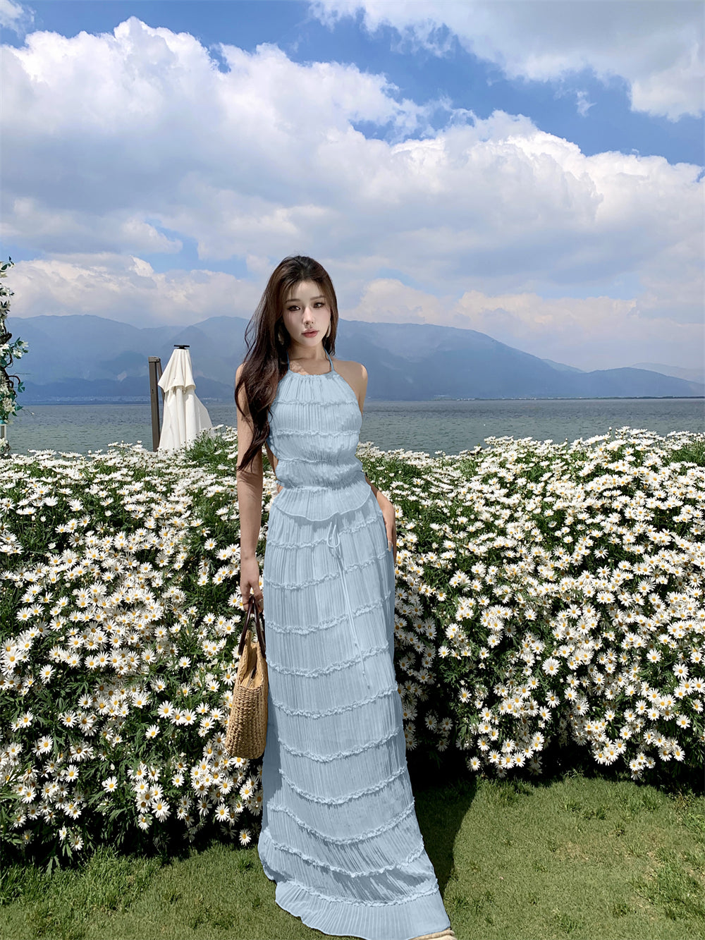 Glam A-Line Blue 2-Piece Set Maxi Dress Chic Ruffles Pleated Backless Vacation OOTD Long Dress AP3441