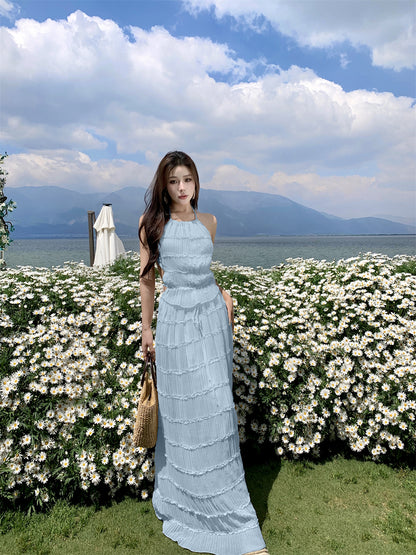 Glam A-Line Blue 2-Piece Set Maxi Dress Chic Ruffles Pleated Backless Vacation OOTD Long Dress AP3441