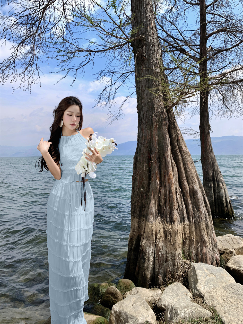 Glam A-Line Blue 2-Piece Set Maxi Dress Chic Ruffles Pleated Backless Vacation OOTD Long Dress AP3441