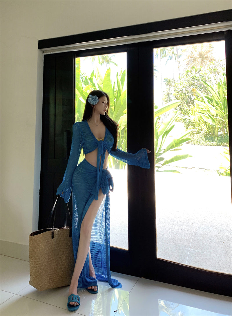 Gorgeous Long Sleeve Sheath Mesh Blue Maxi Dress Hottie V Neck Beach Pool Outfit Cutout Cover Up High-Slit Long Dress AP3442