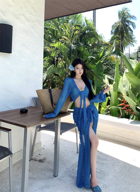 Gorgeous Long Sleeve Sheath Mesh Blue Maxi Dress Hottie V Neck Beach Pool Outfit Cutout Cover Up High-Slit Long Dress AP3442