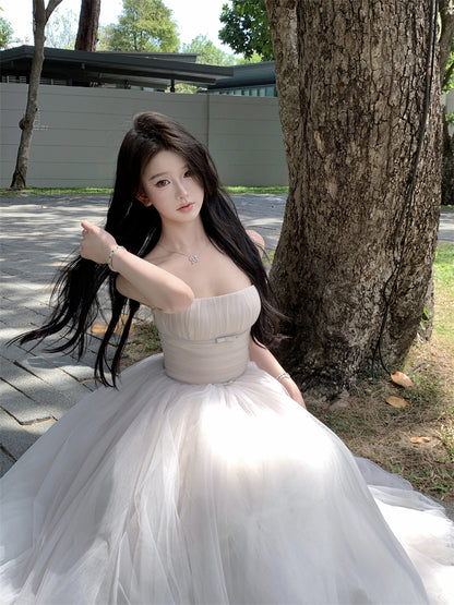 Alluring A-Line Spaghetti Strap Maxi Dress Ethereal White Layered Tulle Cinched-Waist Long Dress AP3443