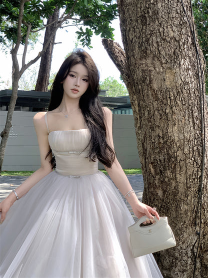 Alluring A-Line Spaghetti Strap Maxi Dress Ethereal White Layered Tulle Cinched-Waist Long Dress AP3443
