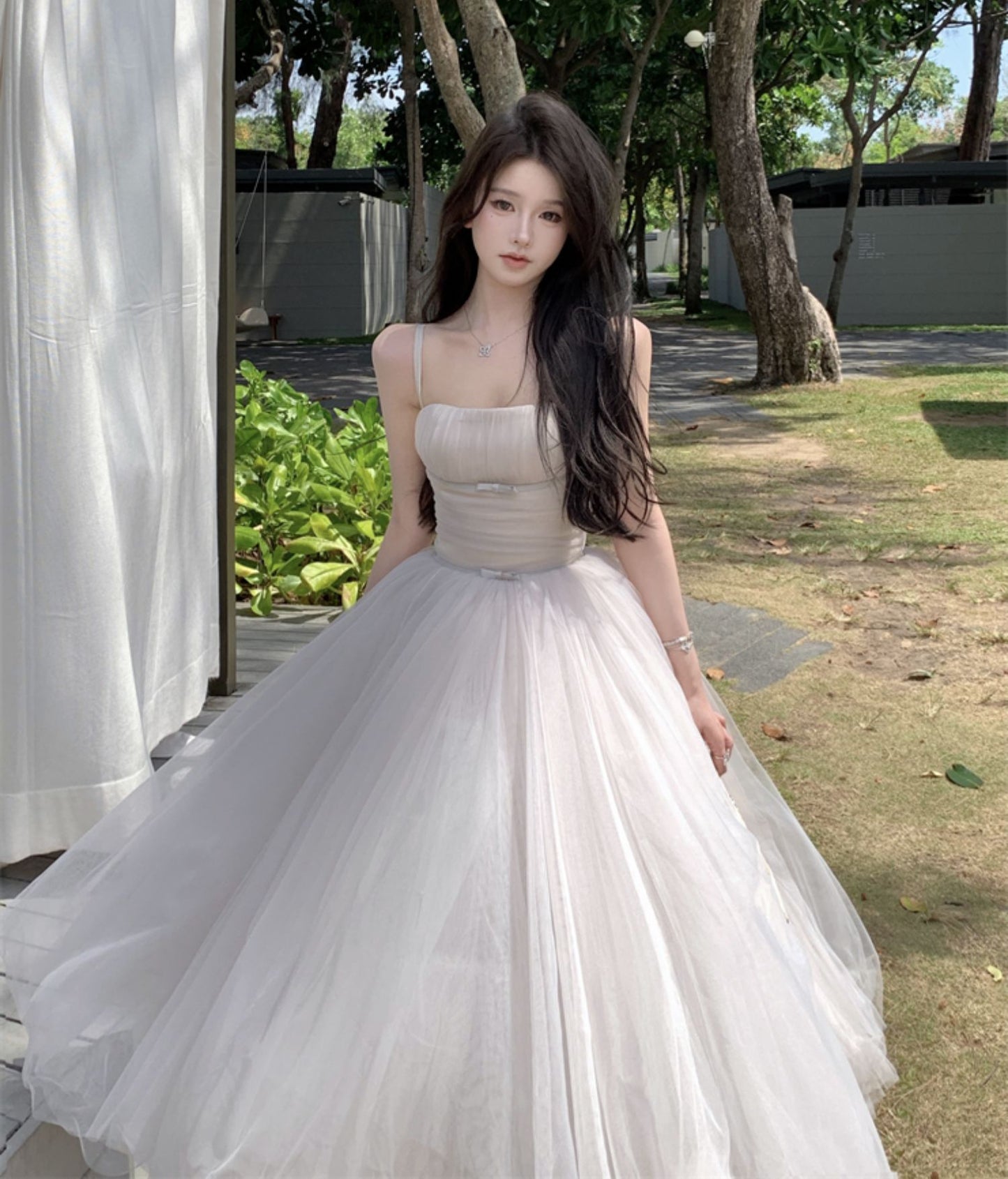 Alluring A-Line Spaghetti Strap Maxi Dress Ethereal White Layered Tulle Cinched-Waist Long Dress AP3443