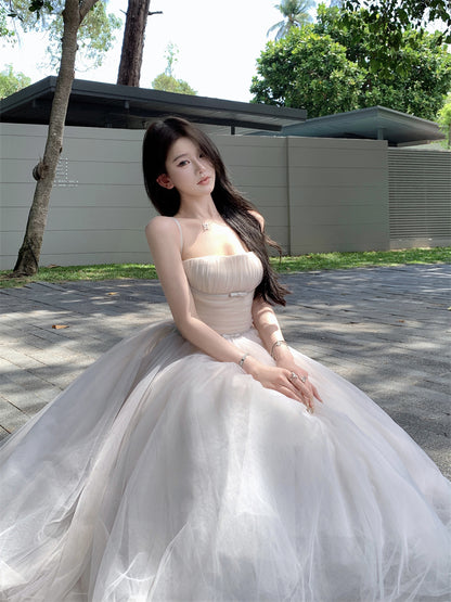 Alluring A-Line Spaghetti Strap Maxi Dress Ethereal White Layered Tulle Cinched-Waist Long Dress AP3443