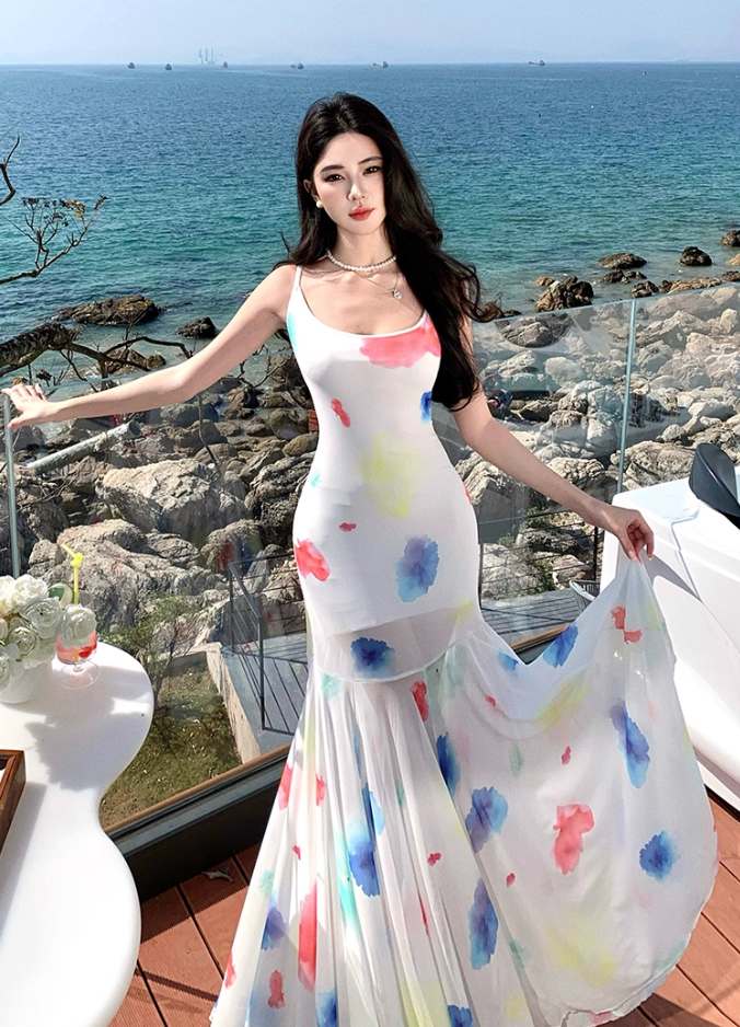 Ethereal Spaghetti Strap Mermaid Maxi Dress Vintage Floral Print Tulle Long Dress AP3444