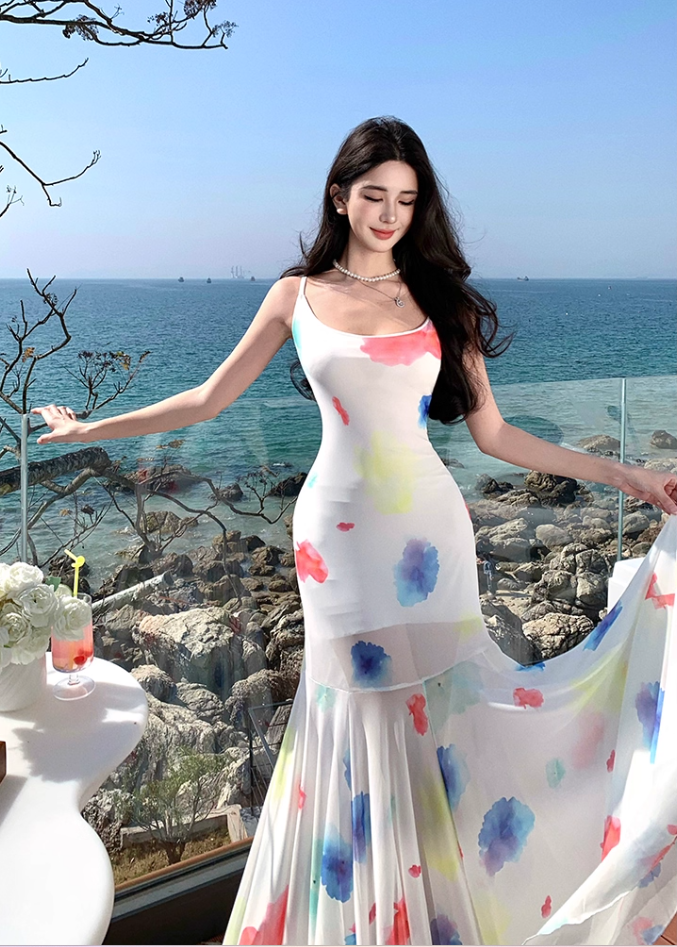 Ethereal Spaghetti Strap Mermaid Maxi Dress Vintage Floral Print Tulle Long Dress AP3444