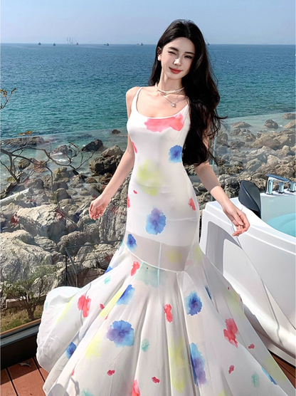 Ethereal Spaghetti Strap Mermaid Maxi Dress Vintage Floral Print Tulle Long Dress AP3444