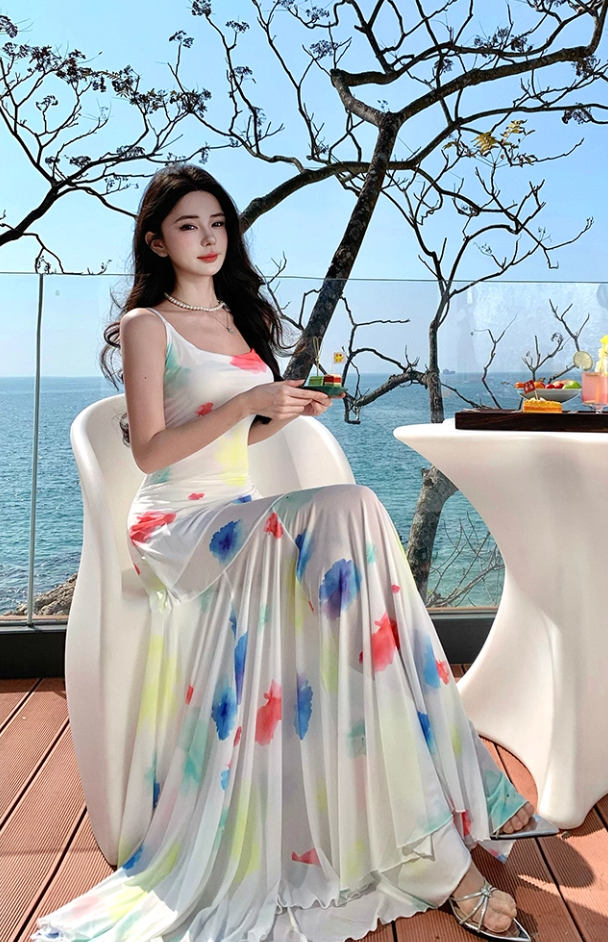 Ethereal Spaghetti Strap Mermaid Maxi Dress Vintage Floral Print Tulle Long Dress AP3444