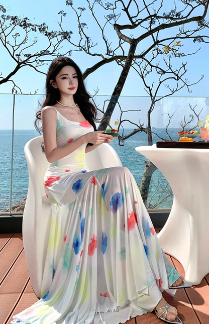 Ethereal Spaghetti Strap Mermaid Maxi Dress Vintage Floral Print Tulle Long Dress AP3444