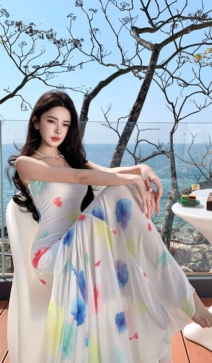 Ethereal Spaghetti Strap Mermaid Maxi Dress Vintage Floral Print Tulle Long Dress AP3444