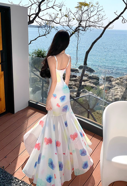 Ethereal Spaghetti Strap Mermaid Maxi Dress Vintage Floral Print Tulle Long Dress AP3444