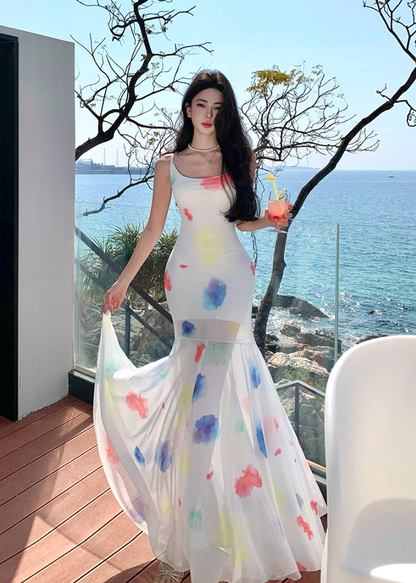 Ethereal Spaghetti Strap Mermaid Maxi Dress Vintage Floral Print Tulle Long Dress AP3444