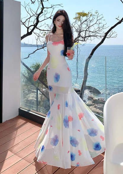 Ethereal Spaghetti Strap Mermaid Maxi Dress Vintage Floral Print Tulle Long Dress AP3444