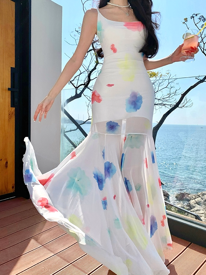 Ethereal Spaghetti Strap Mermaid Maxi Dress Vintage Floral Print Tulle Long Dress AP3444