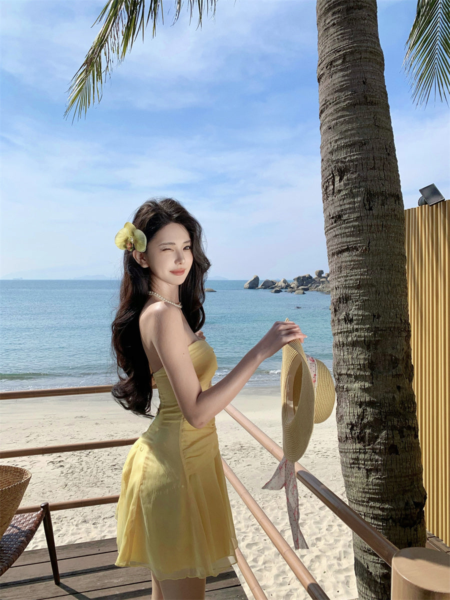 Dreamy A-Line Strapless Mini Skirt Vibrant Yellow Cutout Flowy Tulle Short Dress AP3445