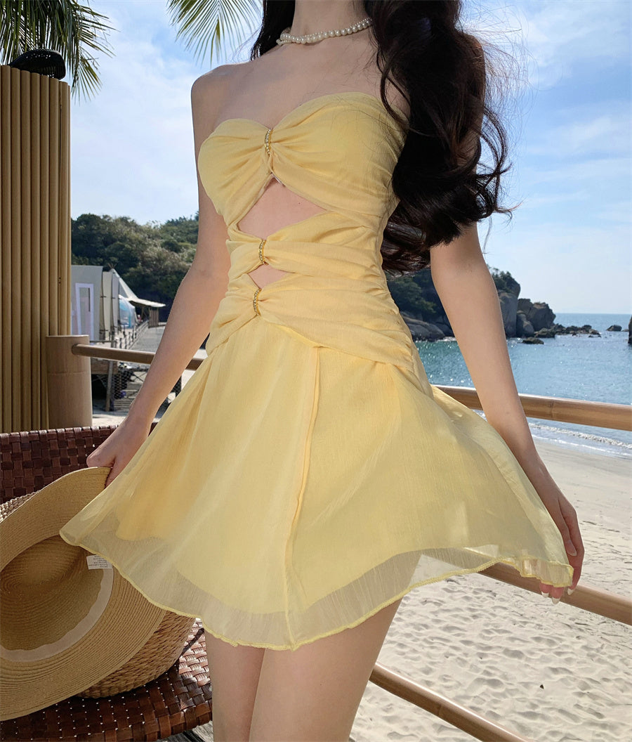 Dreamy A-Line Strapless Mini Skirt Vibrant Yellow Cutout Flowy Tulle Short Dress AP3445