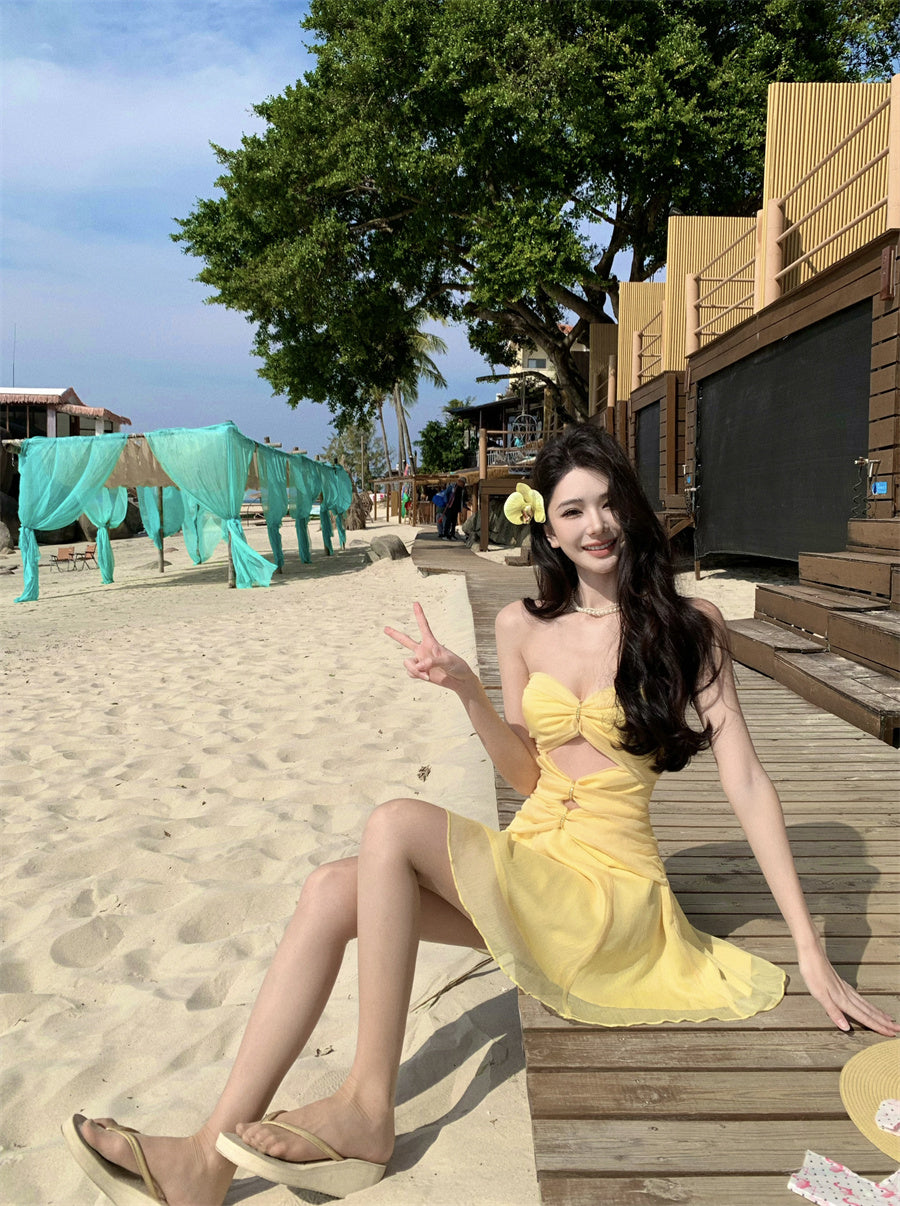 Dreamy A-Line Strapless Mini Skirt Vibrant Yellow Cutout Flowy Tulle Short Dress AP3445