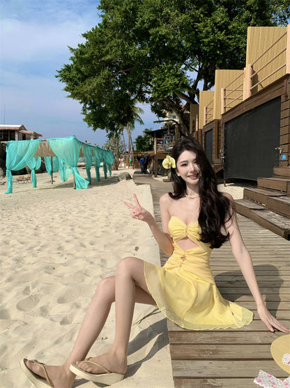 Dreamy A-Line Strapless Mini Skirt Vibrant Yellow Cutout Flowy Tulle Short Dress AP3445