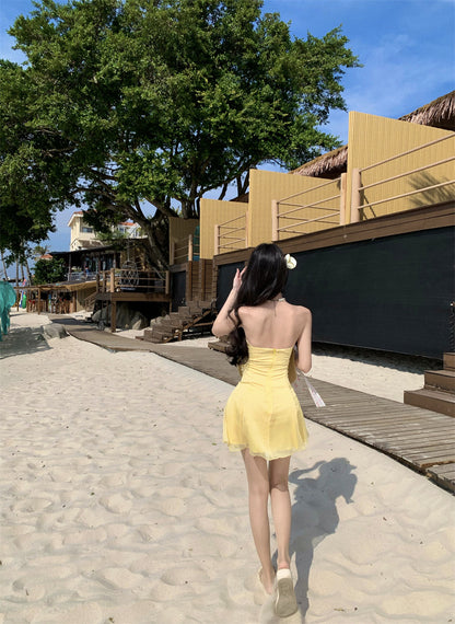 Dreamy A-Line Strapless Mini Skirt Vibrant Yellow Cutout Flowy Tulle Short Dress AP3445