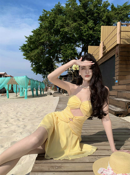 Dreamy A-Line Strapless Mini Skirt Vibrant Yellow Cutout Flowy Tulle Short Dress AP3445