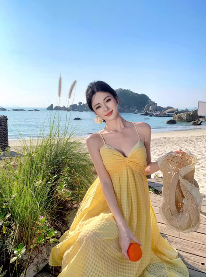 Artistic A-Line Backless Yellow Maxi Dress Dreamy Plaid Flowy Ruffles Halter Long Dress AP3446