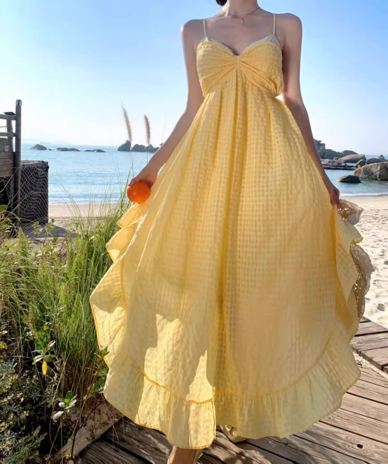 Artistic A-Line Backless Yellow Maxi Dress Dreamy Plaid Flowy Ruffles Halter Long Dress AP3446