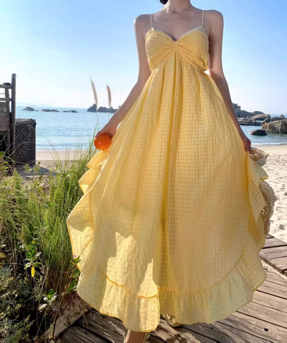 Artistic A-Line Backless Yellow Maxi Dress Dreamy Plaid Flowy Ruffles Halter Long Dress AP3446