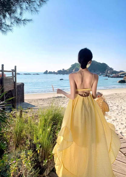 Artistic A-Line Backless Yellow Maxi Dress Dreamy Plaid Flowy Ruffles Halter Long Dress AP3446